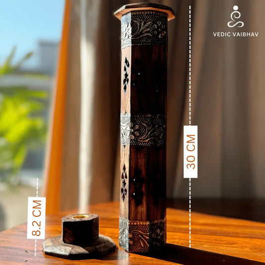 Handcrafted Wooden Antique Agarbatti Box – Tower-Shaped Incense Holder with Storage