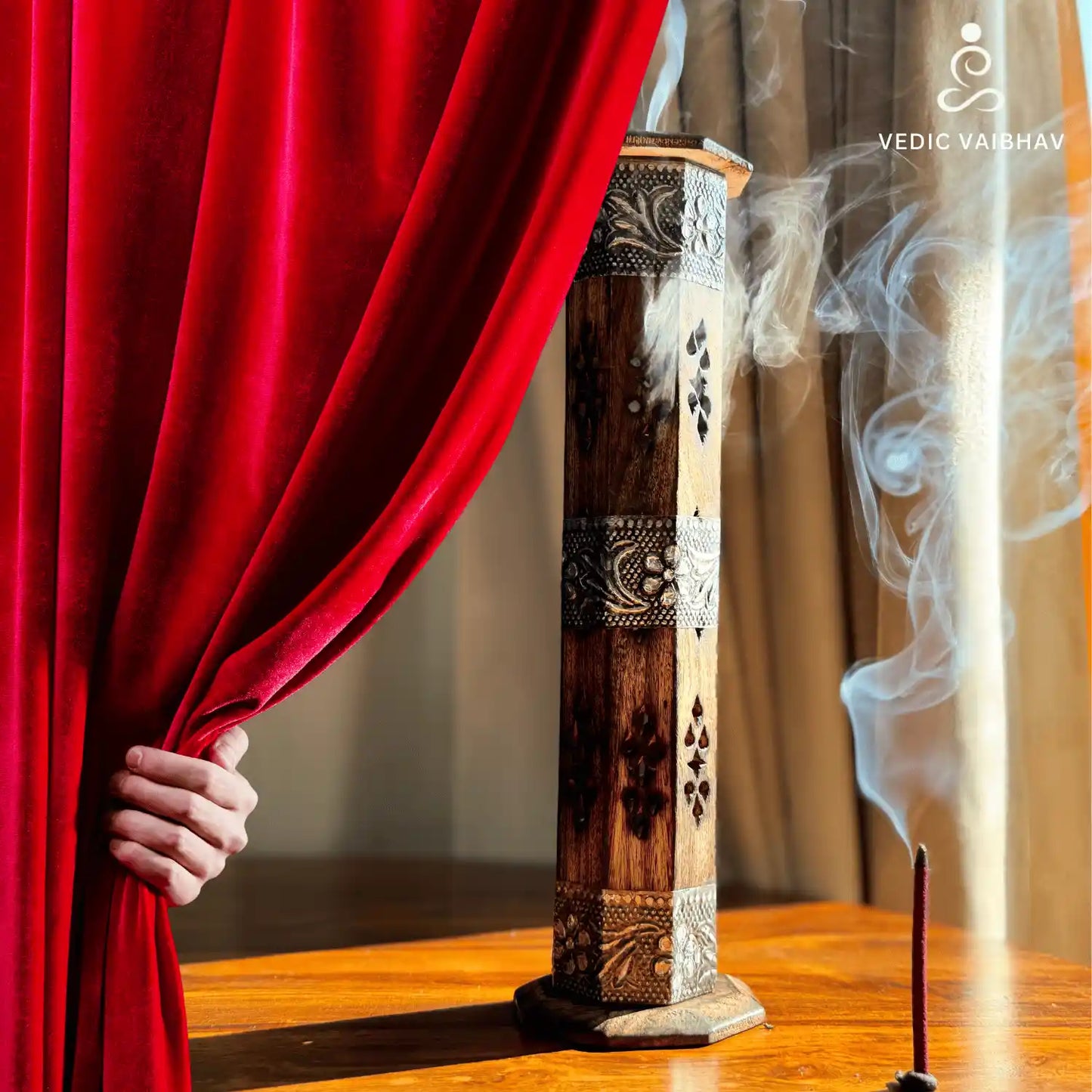 Handcrafted Wooden Antique Agarbatti Box – Tower-Shaped Incense Holder with Storage