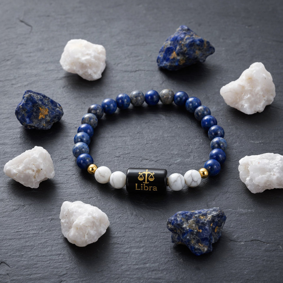 Libra zodiac lapis lazuli and howlite bracelet - story origin
