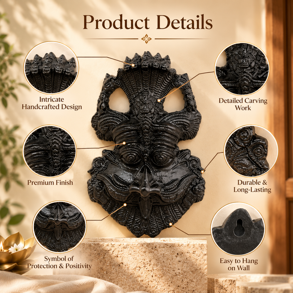 Black Kirtimukh product details, carved crown, eyes and face, easy to hang