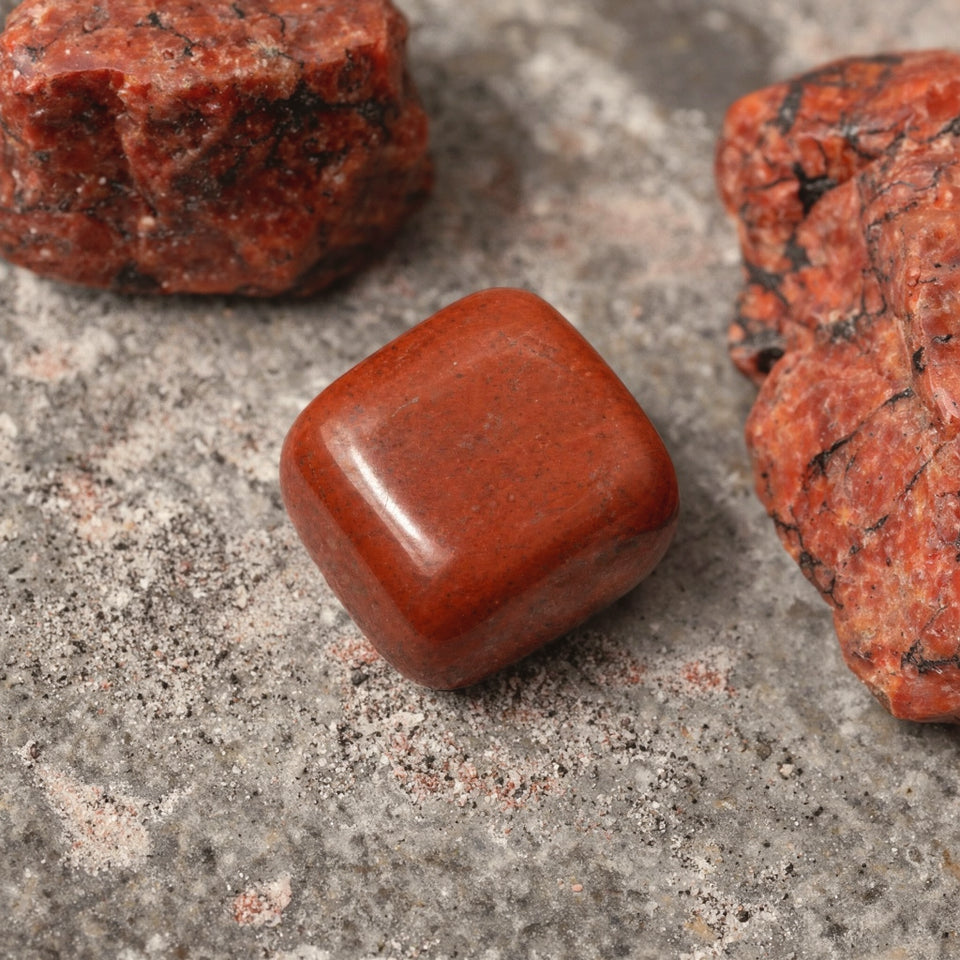 Red jasper tumble beside two raw red jasper rough chunks with dark veining