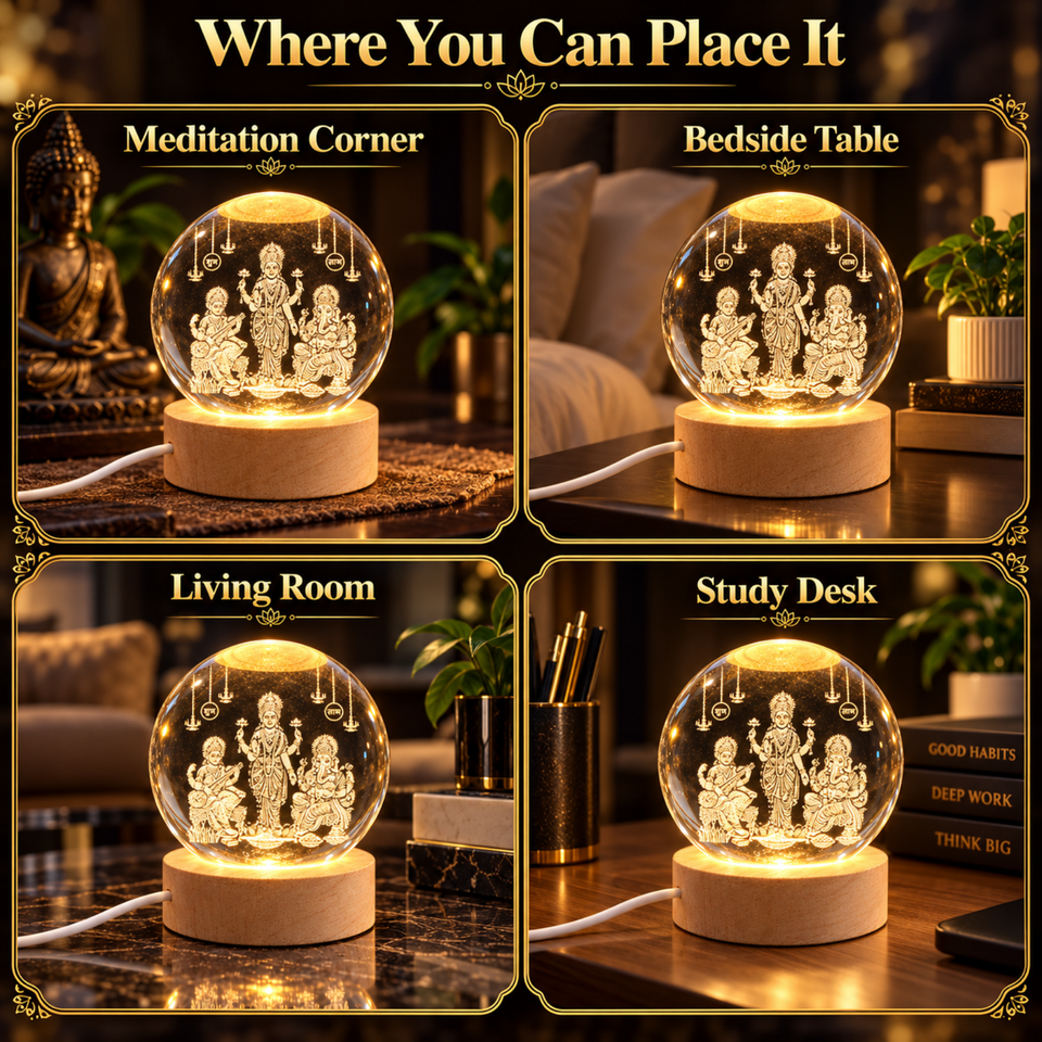 Lakshmi Saraswati Ganesh 3D Crystal Lamp, styled in a home setting