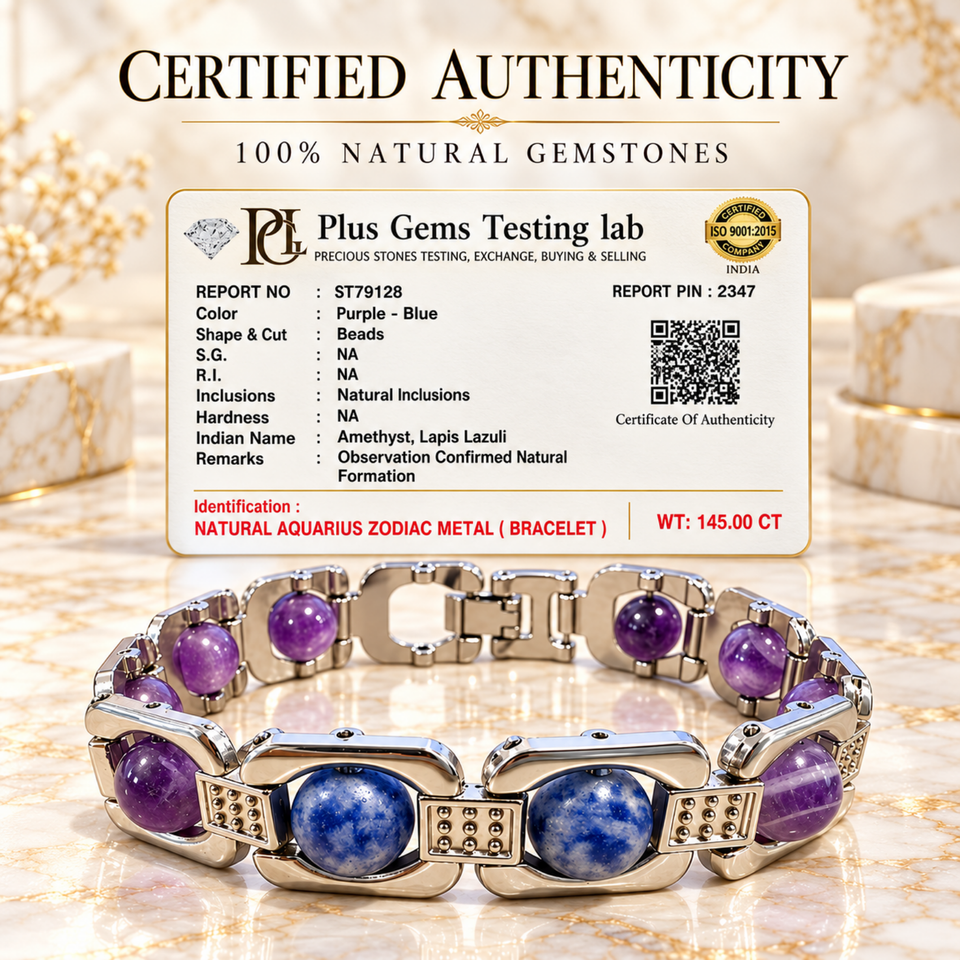 Aquarius silver tone bracelet with Plus Gems Testing Lab certificate