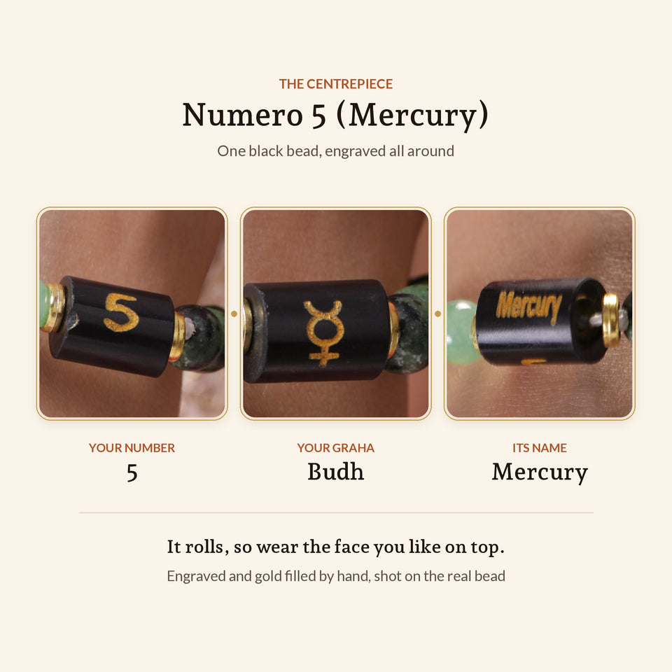 Numero 5 (Mercury) centrepiece bead, its engraved faces shown up close
