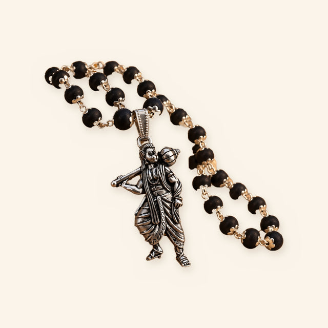 Sankat Mochan Hanuman Mala: Silver Cap Karungali, Standing Murti - Pendant close-up