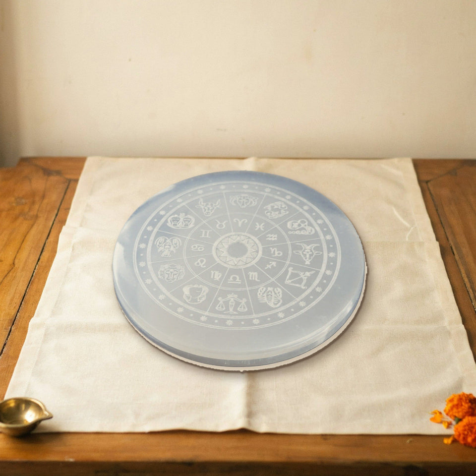 natural selenite charging plate placed on a shelf