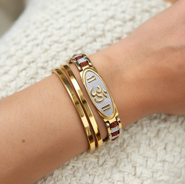 Om Rudraksha Bracelet, with thin gold bangles