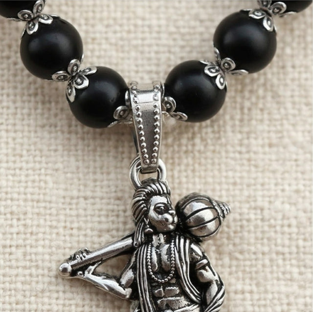 Sankat Mochan Hanuman Mala: Silver Cap Karungali, Standing Murti, close-up detail