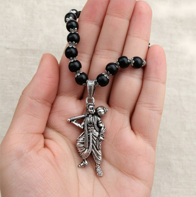 Sankat Mochan Hanuman Mala: Silver Cap Karungali, Standing Murti, close-up detail