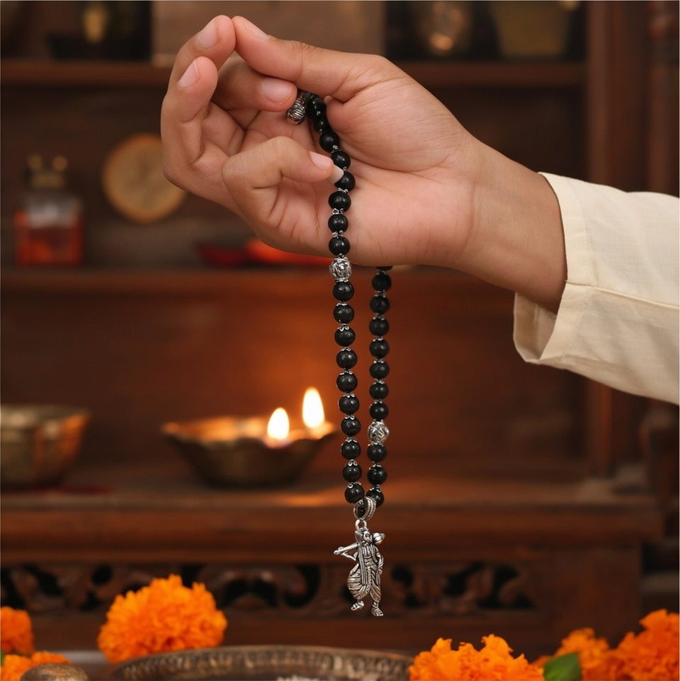 Sankat Mochan Hanuman Mala: Silver Cap Karungali, Standing Murti, in daily use