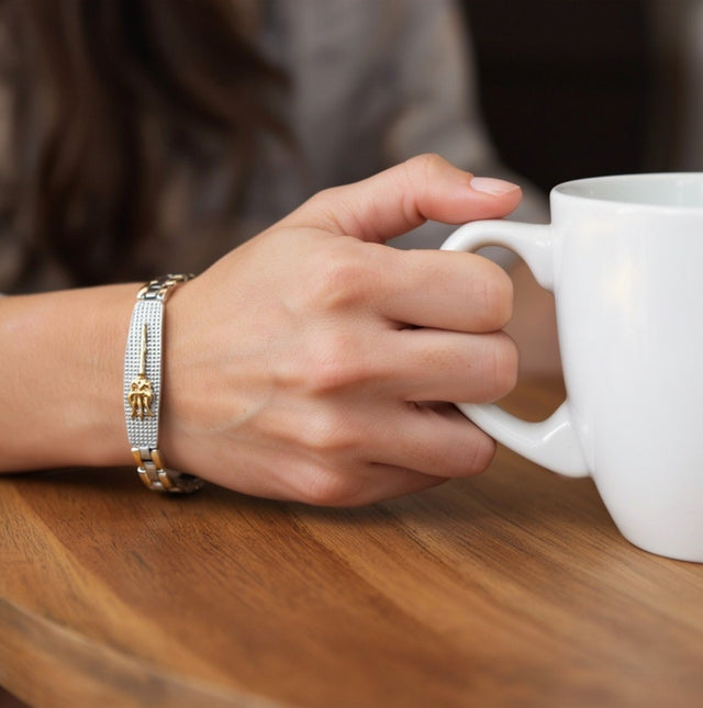 Shiva's Trishul 24K Gold Plated Dual Tone Bracelet, everyday, with a coffee