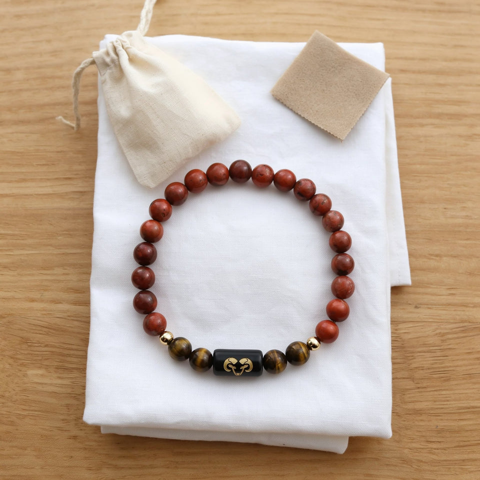 Aries zodiac red jasper and tiger's eye bracelet - care