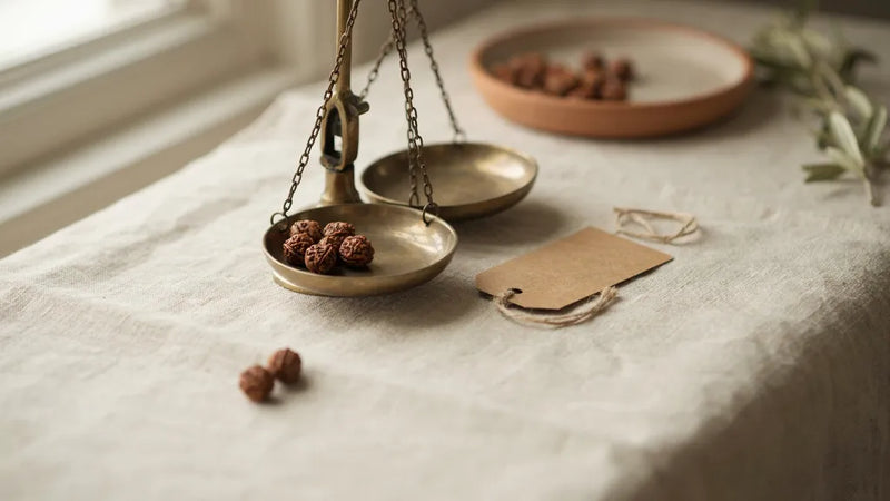 Brass scale holding rudraksha beads beside a blank paper tag on cream linen