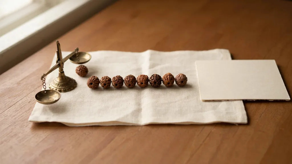 Row of rudraksha beads on cream linen beside a small brass scale and a blank card