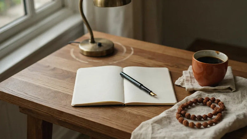 Wooden desk with a pen on a blank notebook, a lamp and a rudraksha strand on linen
