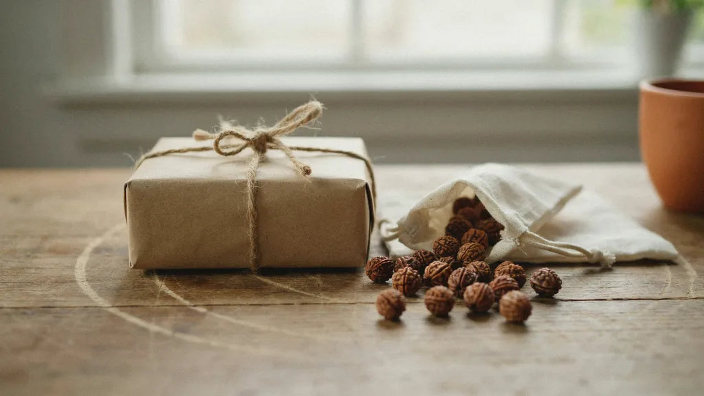 Kraft paper parcel tied with twine next to a cloth pouch of rudraksha beads