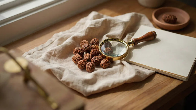 Brass magnifying glass over rudraksha beads on cream linen beside a blank notebook