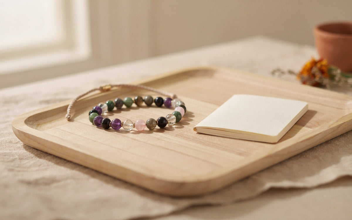 Beaded crystal bracelet on a light wooden tray beside a blank notebook