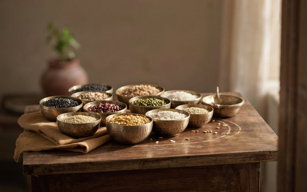Nine navagraha grain offerings in small brass bowls