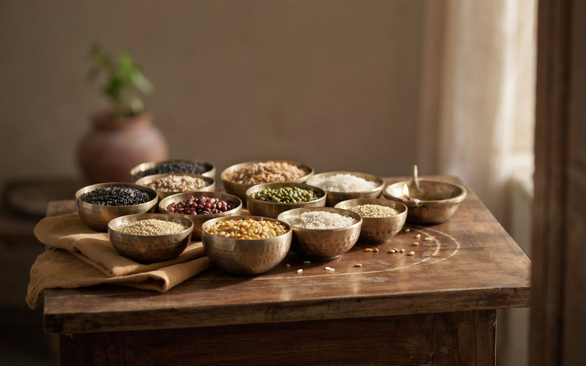Nine navagraha grain offerings in small brass bowls