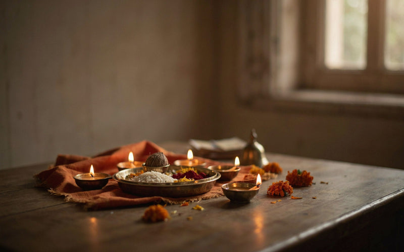 Diwali lakshmi puja setup with brass diyas