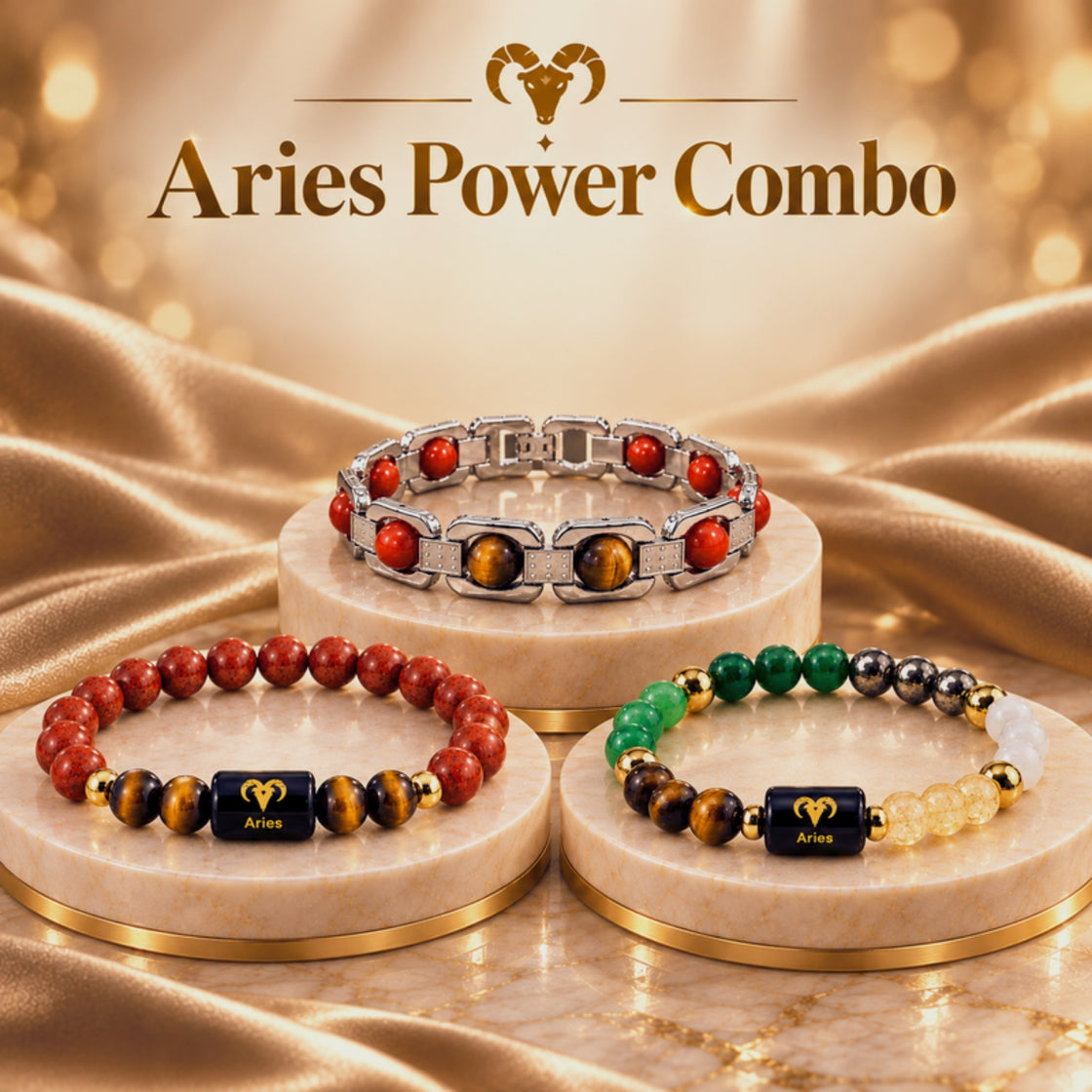 Aries Power Combo, Three Mesh Rashi Bracelets, pieces of the set shown together