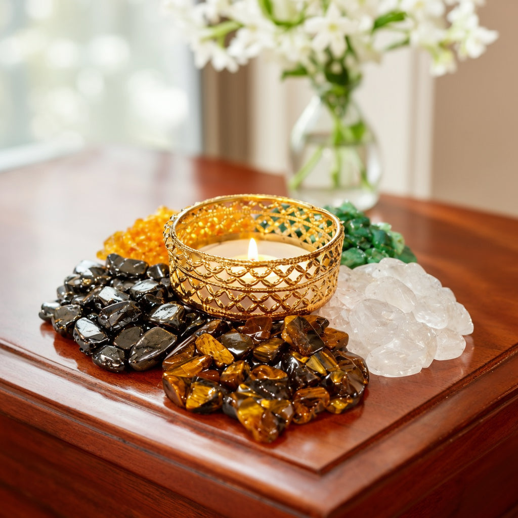 Dhan Lakshmi Deep with five crystal chip heaps and a lit tealight on a wooden side table by a window