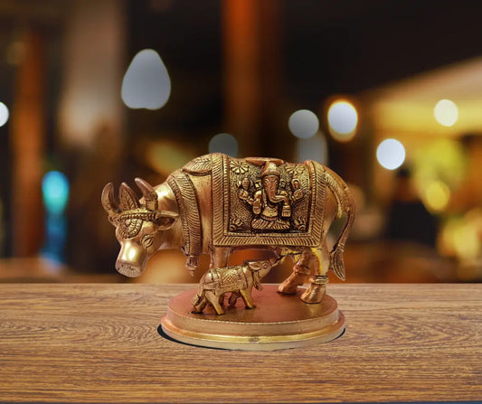 Kamdhenu Cow with Calf in Brass – Handcrafted Decorative Idol