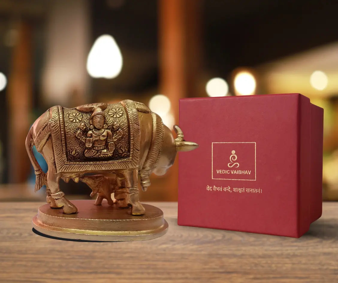 Kamdhenu Cow with Calf in Brass – Handcrafted Decorative Idol