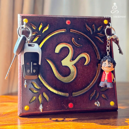 Handcrafted Wooden Aum Key Holder – Wall Mounted Organizer with Hooks