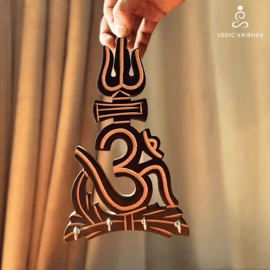 Om Trishul Wooden Key Stand – Handcrafted Wall Mounted Organizer