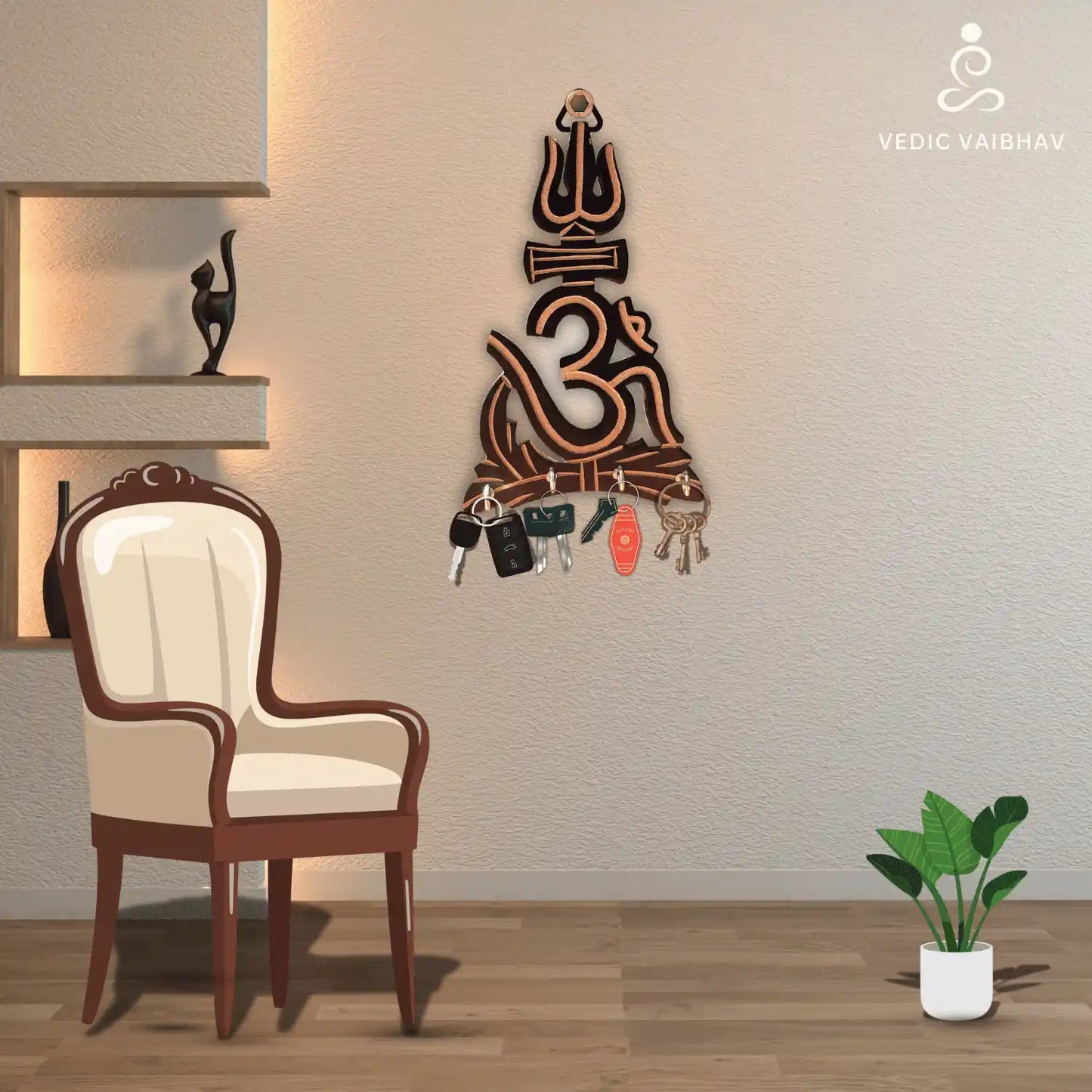 Om Trishul Wooden Key Stand – Handcrafted Wall Mounted Organizer
