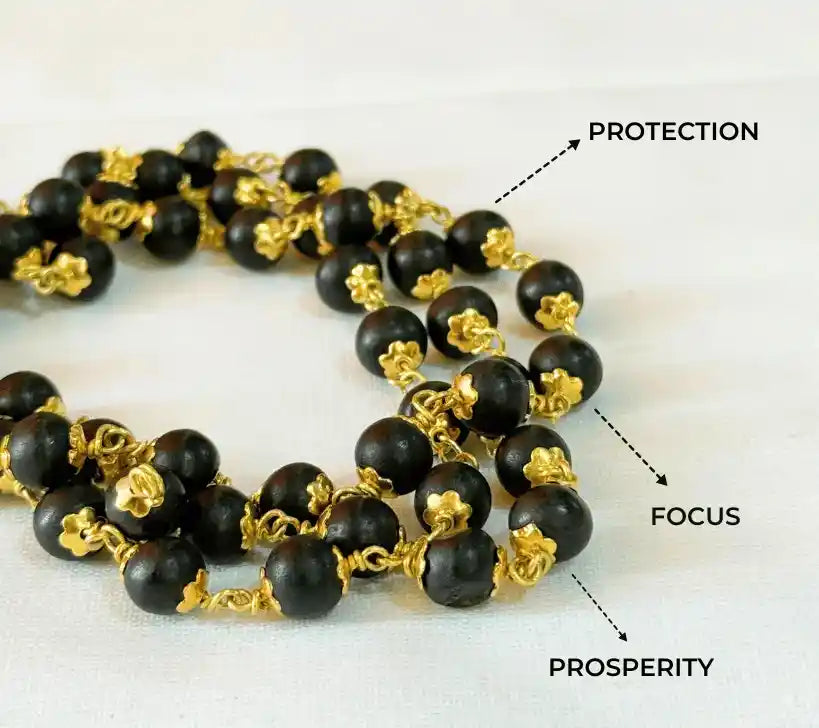 Gold Plated Eternal Karungali Mala - Natural Ebony Wood(54 beads, 8mm)