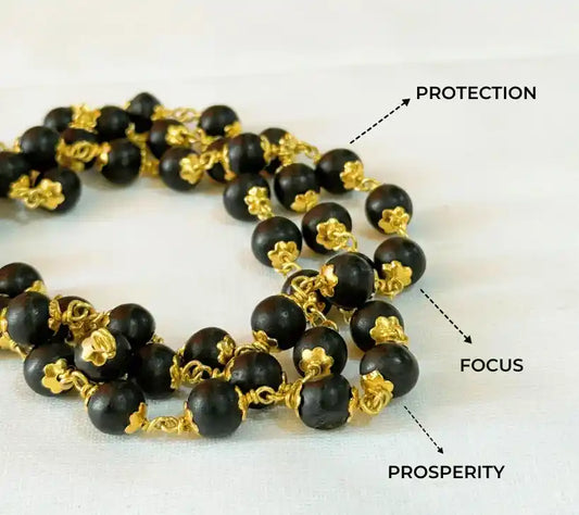 Gold Plated Eternal Karungali Mala - Natural Ebony Wood(54 beads, 8mm)