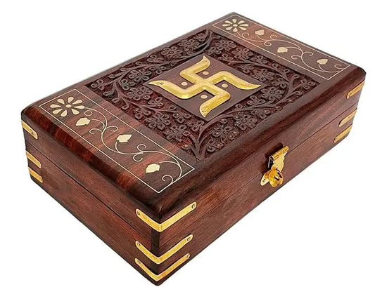 Handcrafted Brass-Filled Wooden SWASTIK Box | Good Luck & Spiritual Storage Box