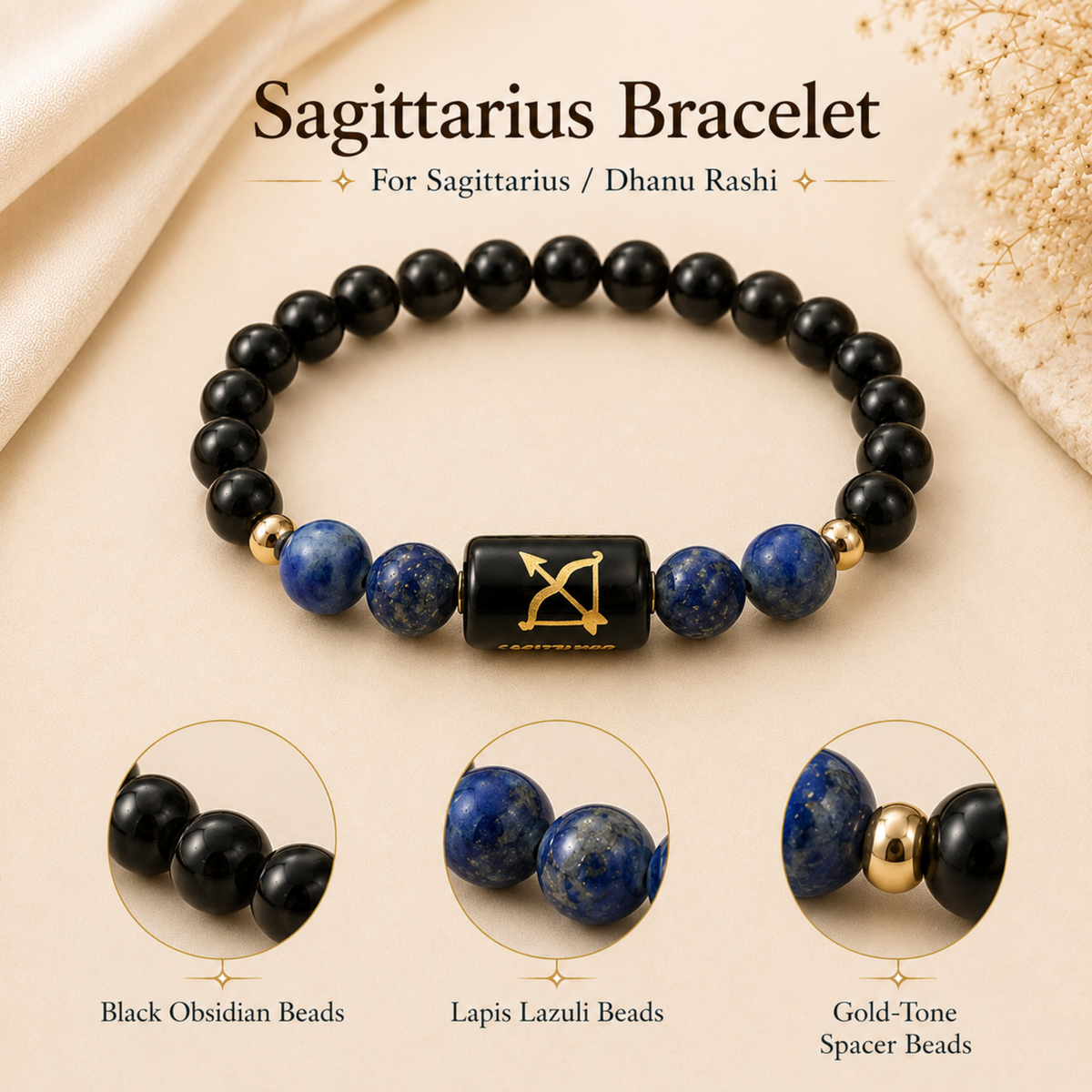 Sagittarius (धनु राशि) Zodiac Black Obsidian & Lapis Lazuli Bracelet