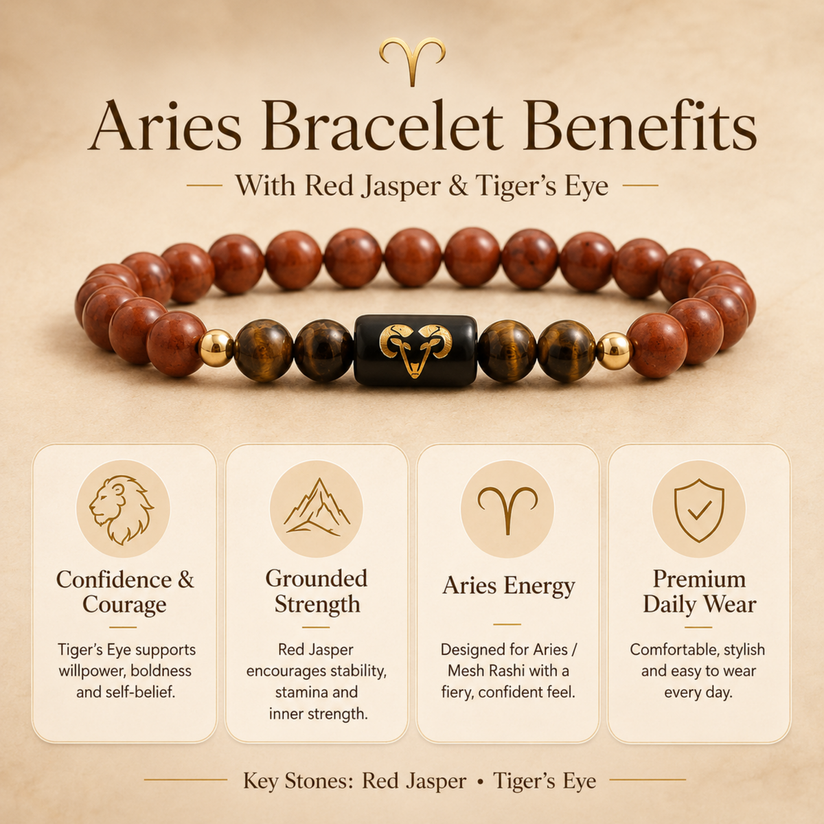 Aries (मेष राशि) Zodiac Red Jasper & Tiger's Eye Bracelet