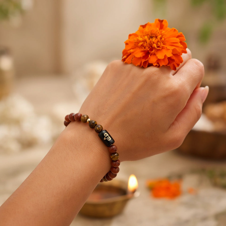 Aries zodiac red jasper and tiger's eye bracelet - story use