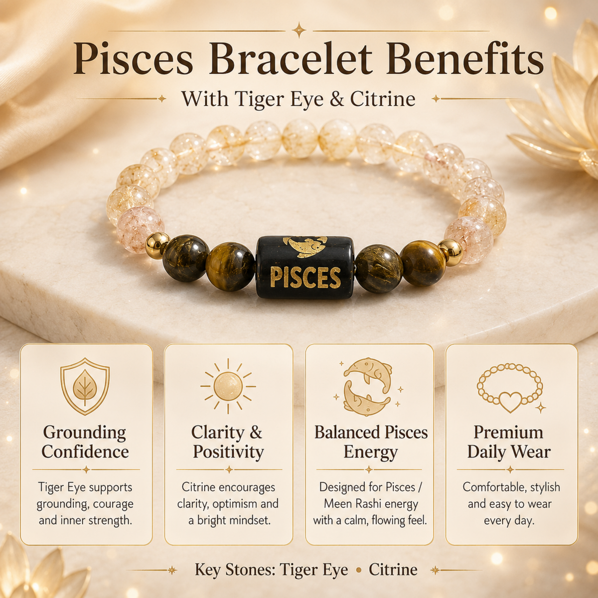 Pisces (मीन राशि) Zodiac Tiger Eye & Citrine Bracelet