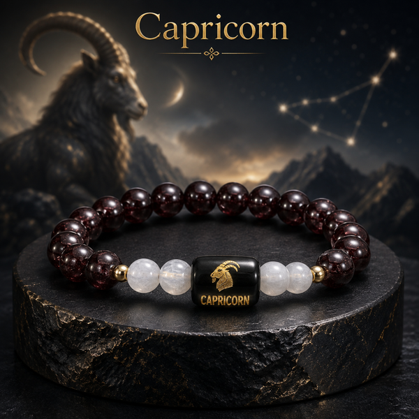 Capricorn (मकर राशि) Zodiac Garnet & Milky Quartz Bracelet - 1