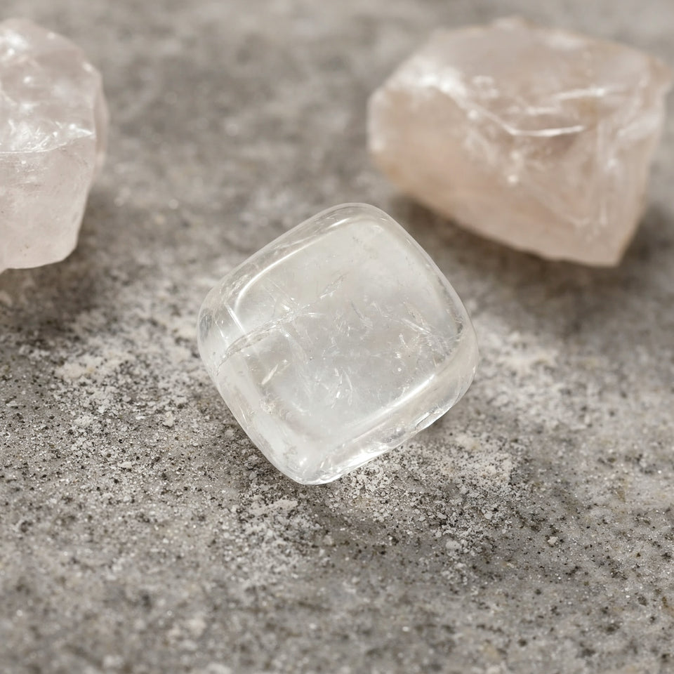 Clear quartz tumble beside two raw natural quartz rough chunks