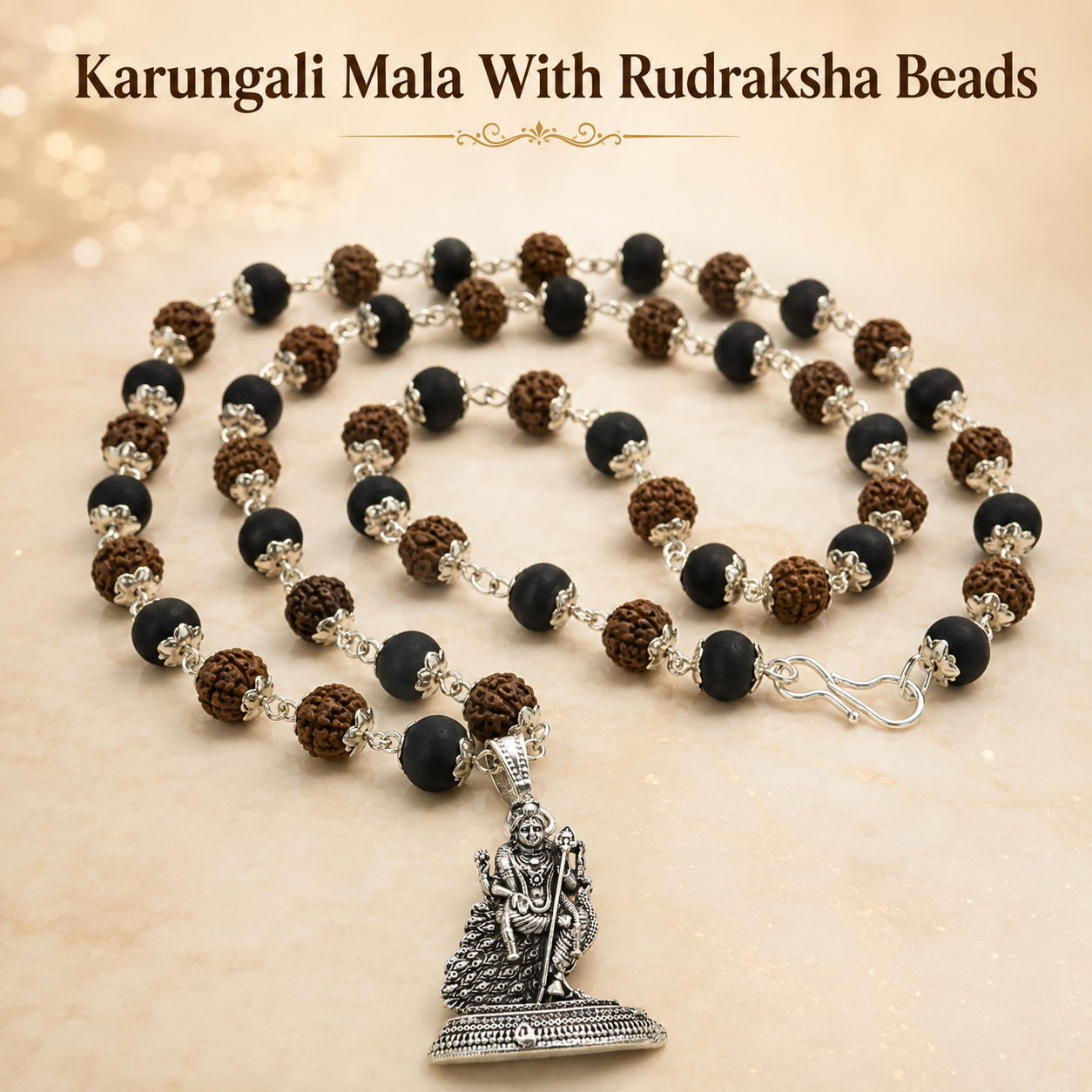 Silver-Capped Rudraksha Karungali Mala with Lord Murugan Pendant
