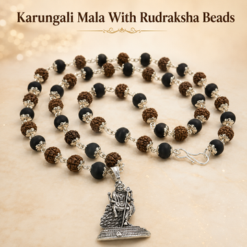 Silver-Capped Rudraksha Karungali Mala with Lord Murugan Pendant - 1