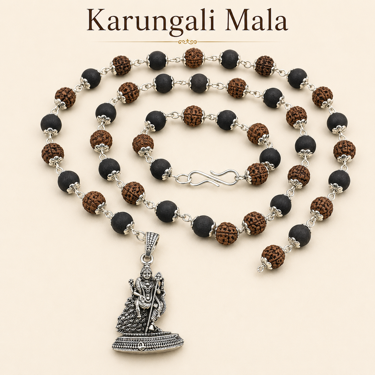 Silver-Capped Rudraksha Karungali Mala with Lord Murugan Pendant