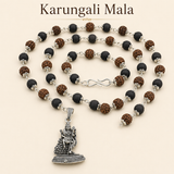 Silver-Capped Rudraksha Karungali Mala with Lord Murugan Pendant