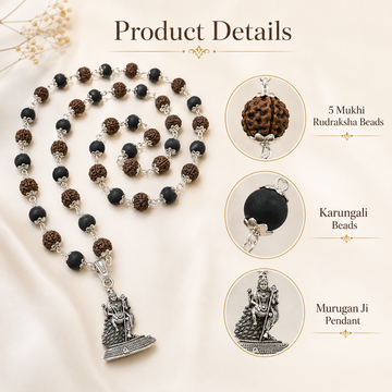 Silver-Capped Rudraksha Karungali Mala with Lord Murugan Pendant - 2