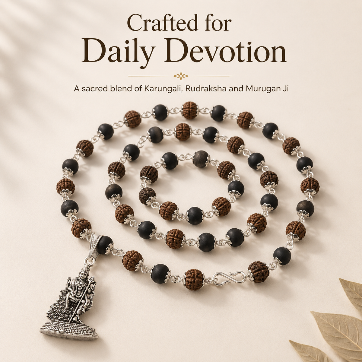Silver-Capped Rudraksha Karungali Mala with Lord Murugan Pendant