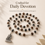 Silver-Capped Rudraksha Karungali Mala with Lord Murugan Pendant