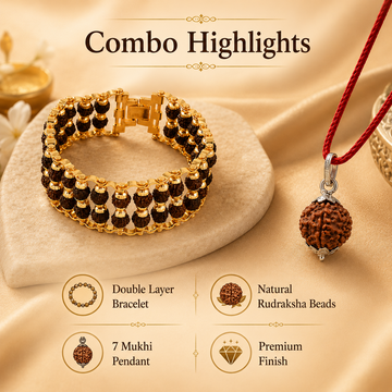 Powerful Double Layer gold plated rudraksha bracelet with 7 Mukhi Rudraksha Pendent - 2