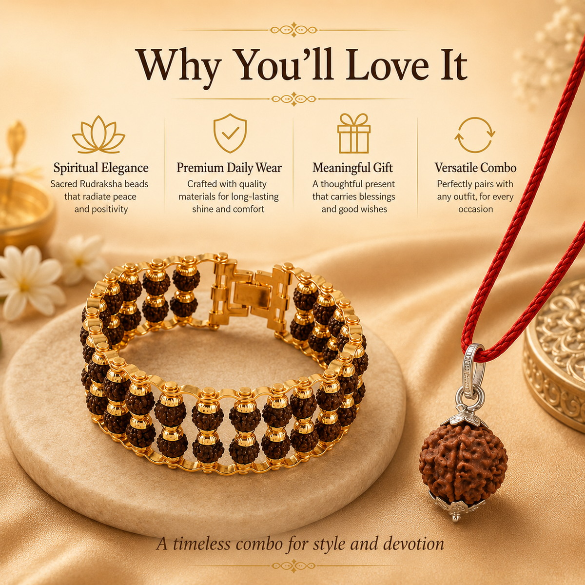 Powerful Double Layer gold plated rudraksha bracelet with 7 Mukhi Rudraksha Pendent
